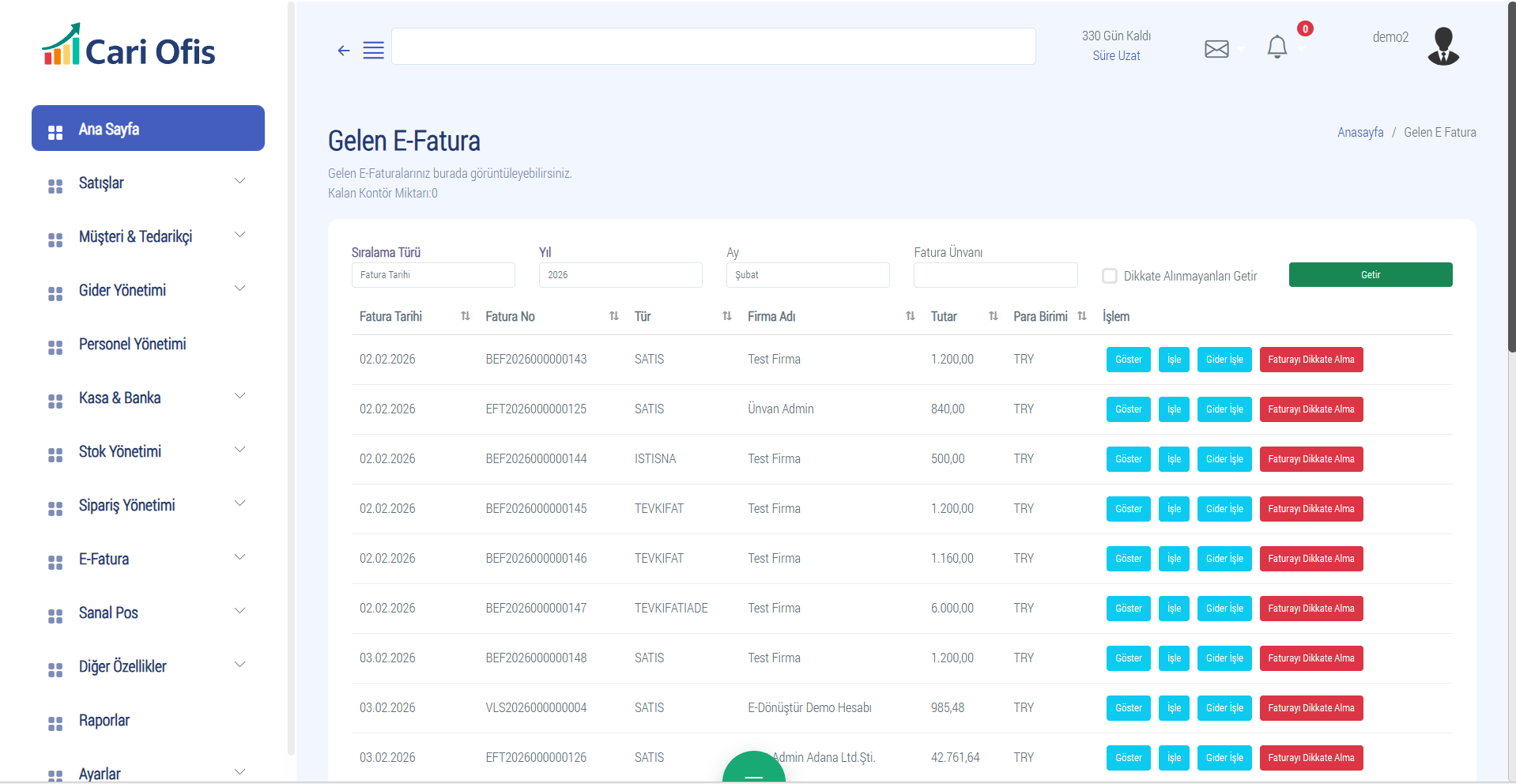 Cari Ofis e-Fatura ekranı