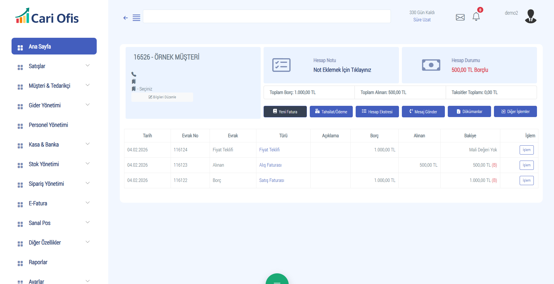 Cari Ofis cari hesap takibi ekranı