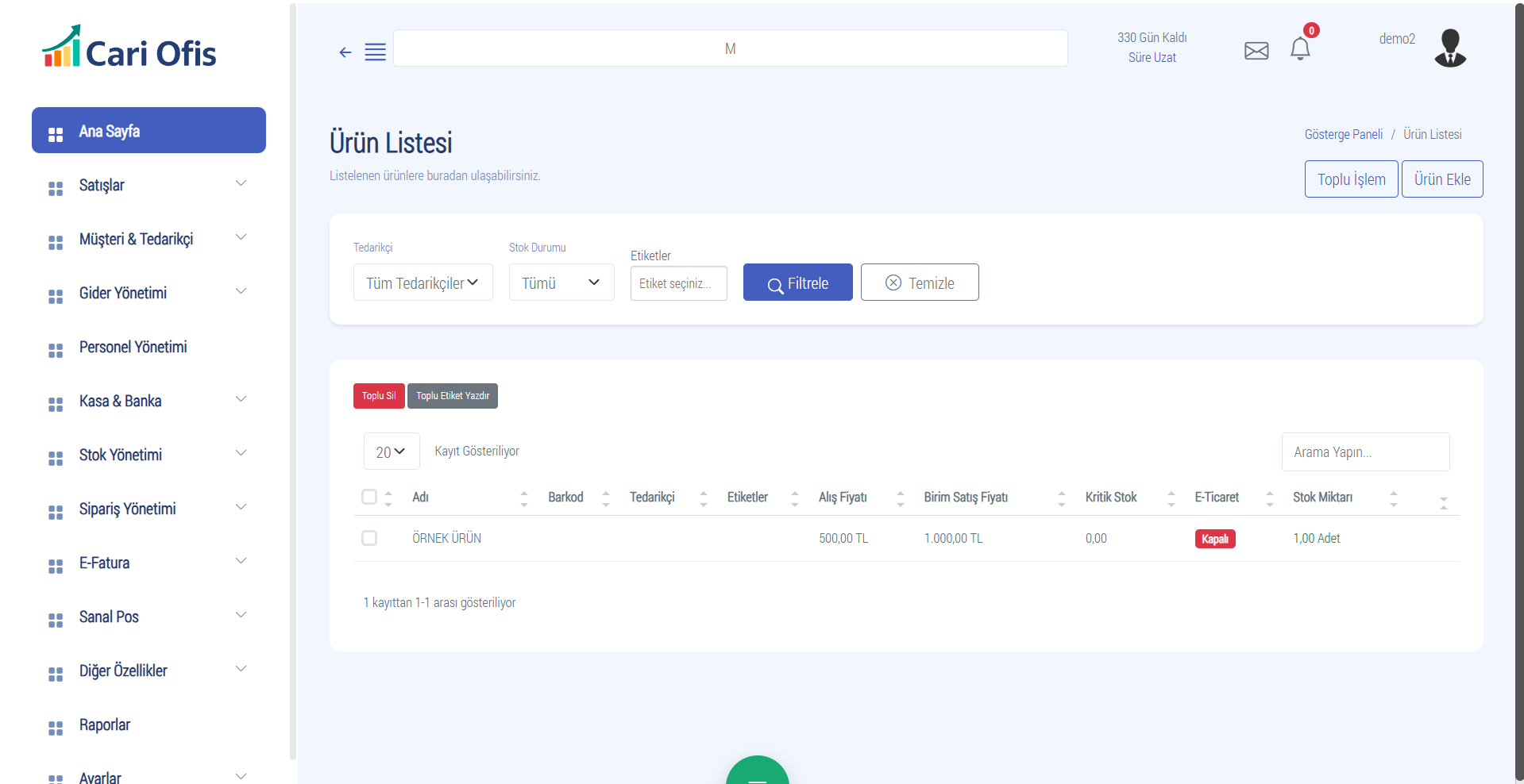 Cari Ofis stok ve depo takip ekranı